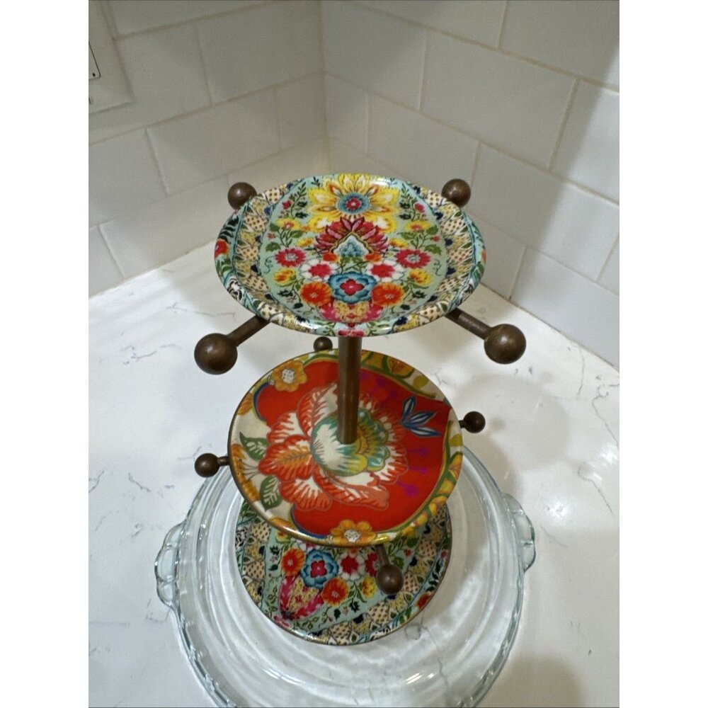 Cost Plus Metal Enamel Folk Art 3 Tier Trinket Jewelry Tray Hooks 10" - Picture 2 of 7